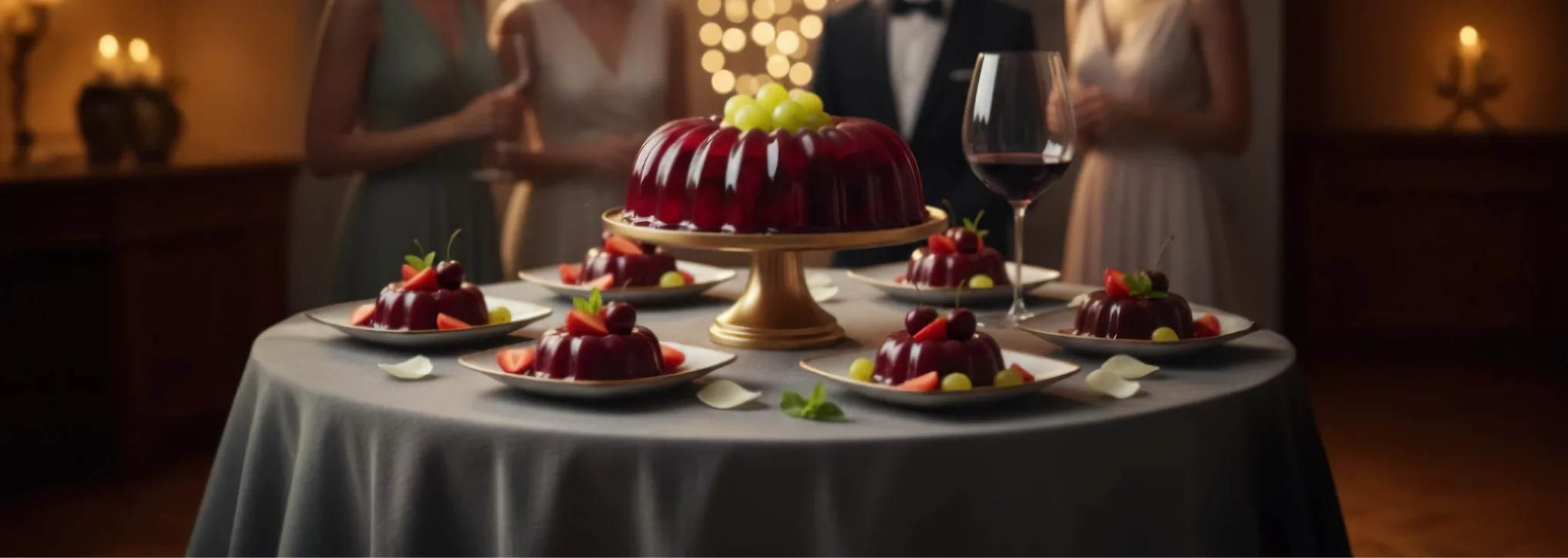Gelatina gourmet de vino tinto y fresas en una mesa de eventos elegante